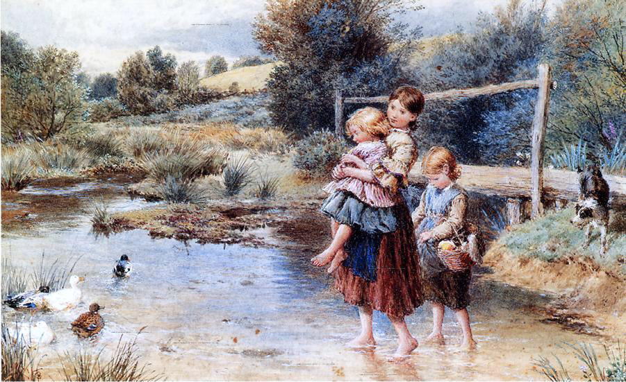 Myles Birket Foster Children Paddling in a Stream - Canvas Print