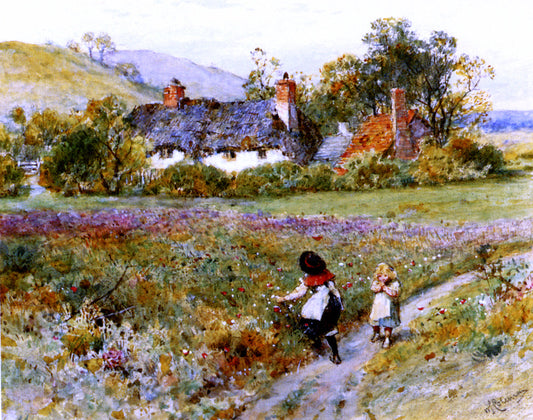 William Stephen Coleman Children Playing On A Path, Cottages Beyond - Canvas Print