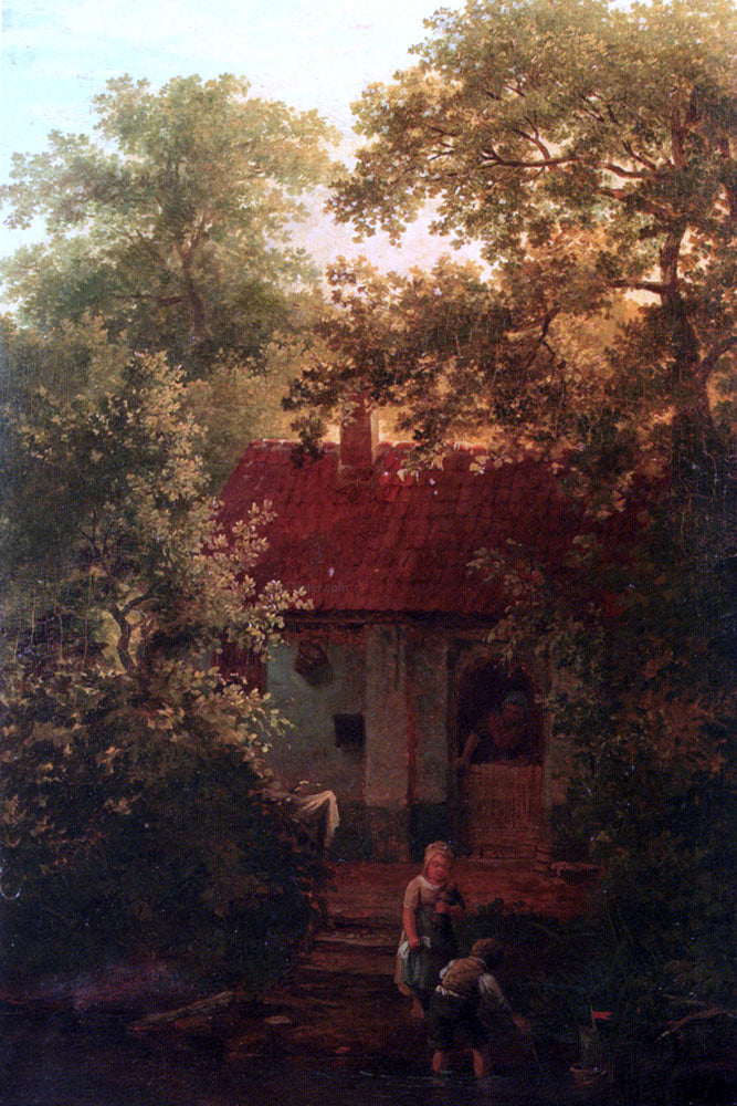 Willem Pouwelsen Children Playing With A Boat In A Stream, A Farmhouse Beyond - Canvas Print