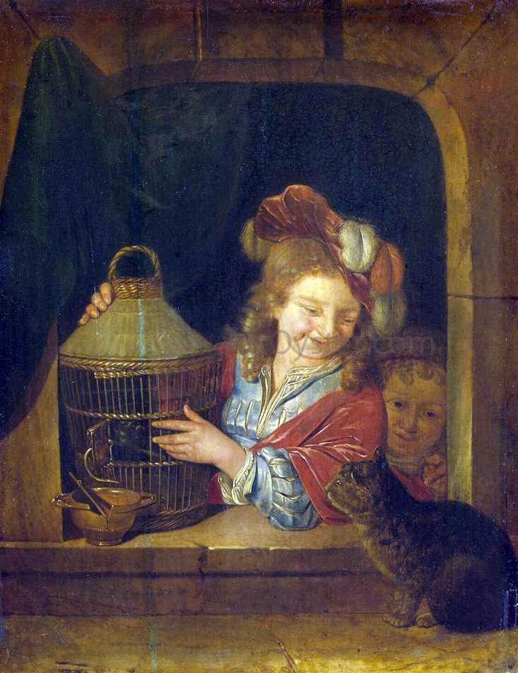 Eglon Van der Neer Children with a Cage and a Cat - Canvas Print
