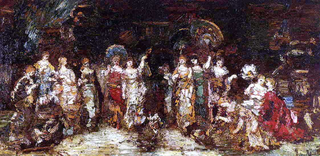 Adolphe-Joseph-Thomas Monticelli Cock Fight in Front of a Group of Young Women - Canvas Print