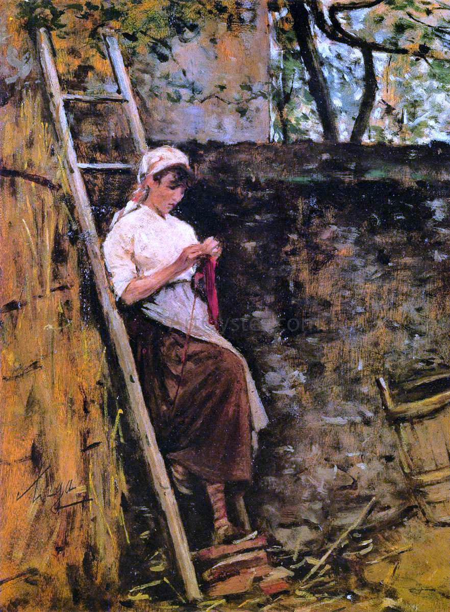 Silvestro Lega Country Girl Leaning Against a Ladder - Canvas Print