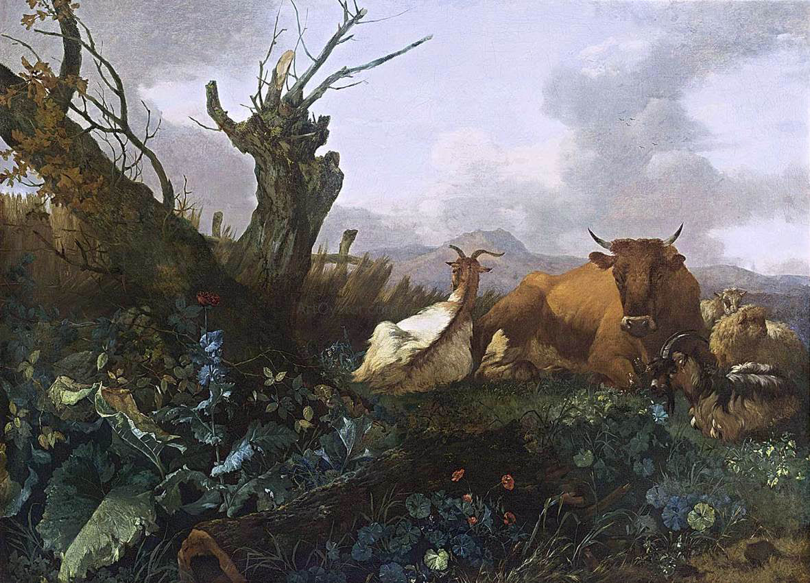 Willem Romeijn Cow, Goats and Sheep in a Meadow - Canvas Print