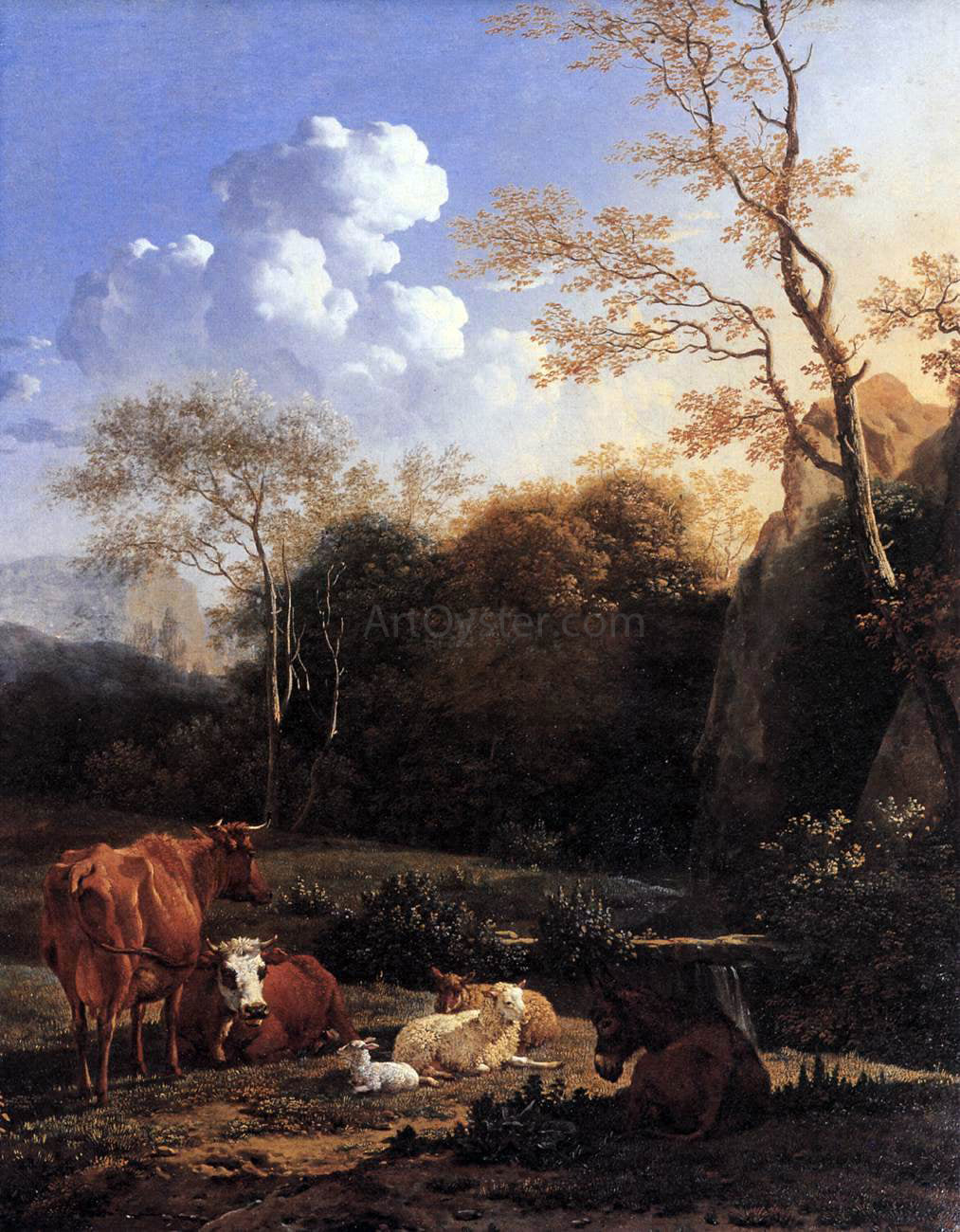 Karel Dujardin Cows and Sheep at a Stream - Canvas Print