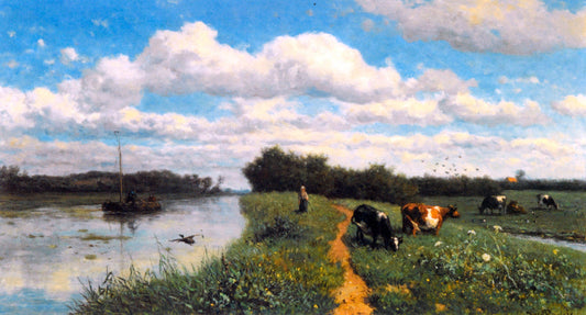 Willem Roelofs Cows Grazing Near a Canal, Schiedam - Canvas Print