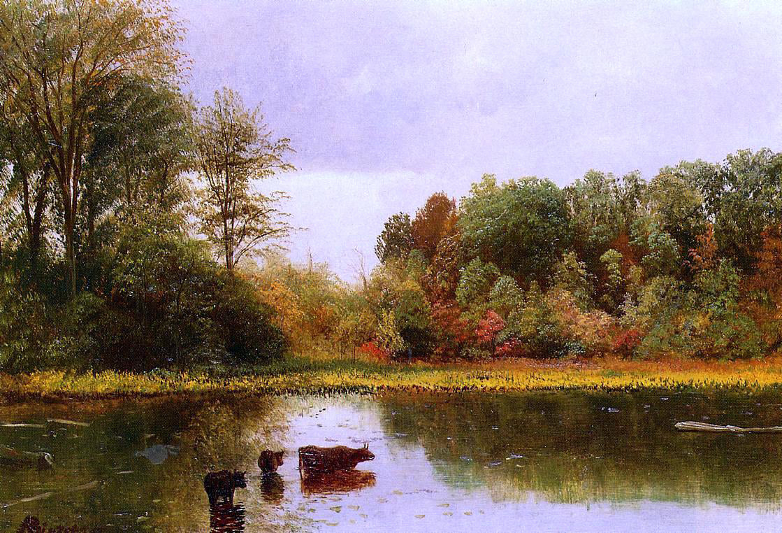 Albert Bierstadt Cows Watering in a Landscape - Canvas Print
