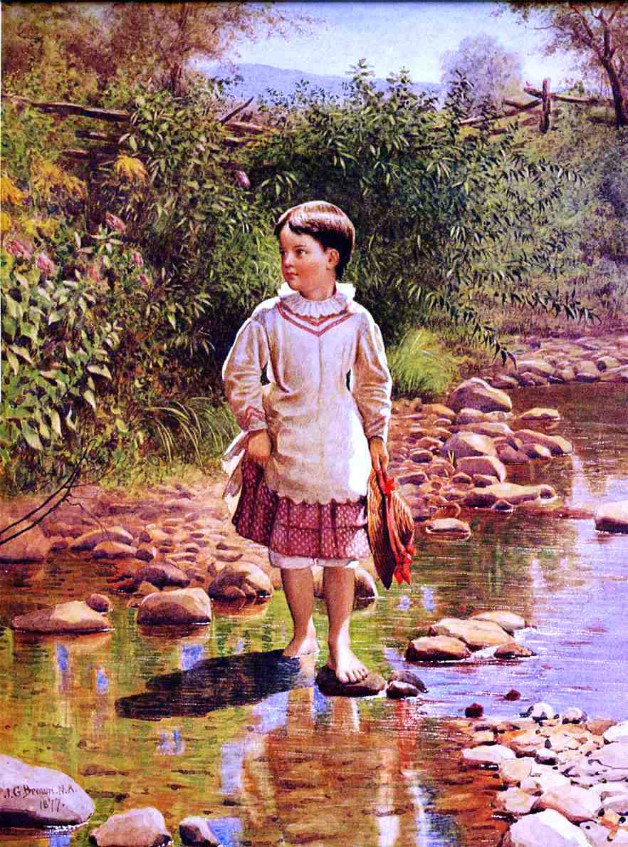 John George Brown Crossing the Brook - Canvas Print