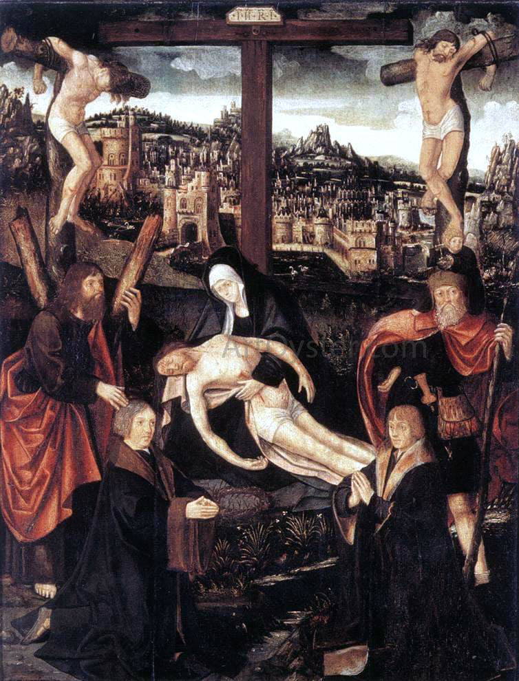 Jacob Cornelisz Van Oostsanen Crucifixion with Donors and Saints - Canvas Print