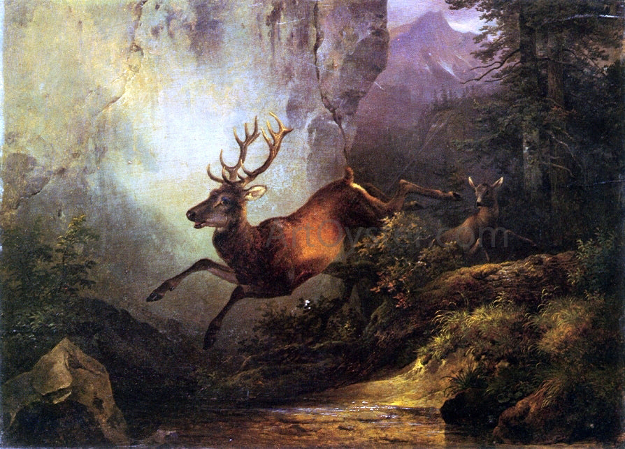 Friedrich Gauermann Deer Running Through a Forest - Canvas Print