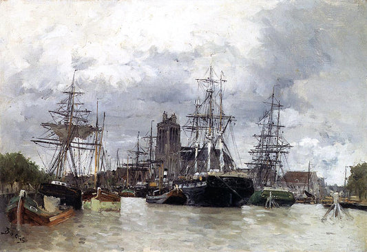 Frank Myers Boggs Dordrecht Harbor with Shipping and Cathedral - Canvas Print