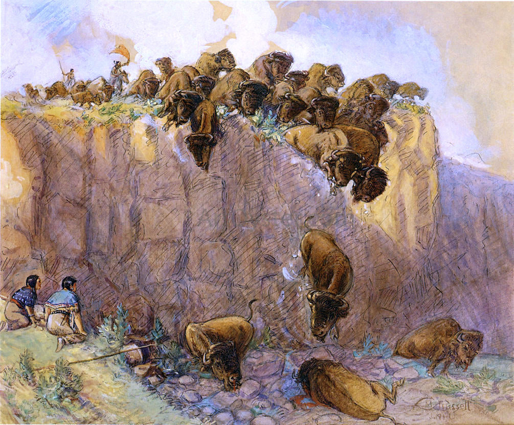 Charles Marion Russell Driving Buffalo Over the Cliff - Canvas Print