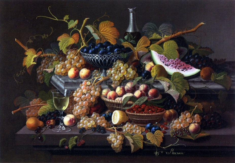Severin Roesen Elaborate Still Life with Silver Basket of Plums - Canvas Print