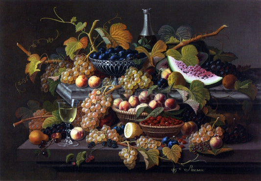Severin Roesen Elaborate Still Life with Silver Basket of Plums - Canvas Print