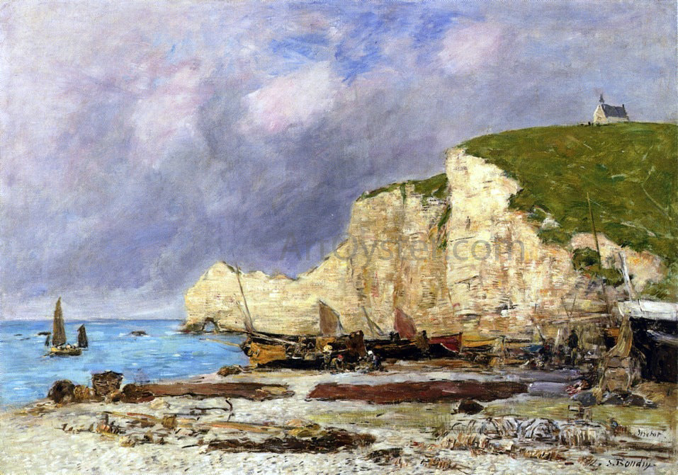Eugene-Louis Boudin Etretat, Beached Boats and Falaise d'Amont - Canvas Print