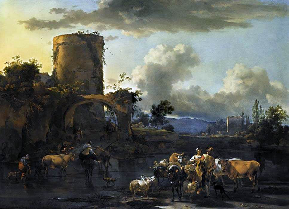 Nicolaes Berchem Evening Landscape - Canvas Print