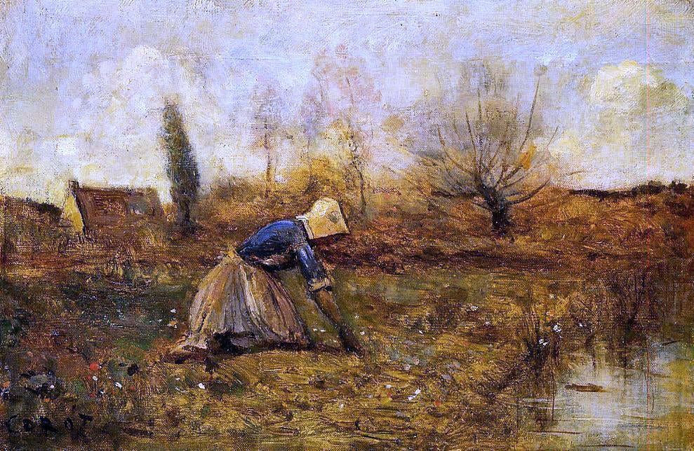 Jean-Baptiste-Camille Corot Farmer Kneeling Picking Dandelions - Canvas Print