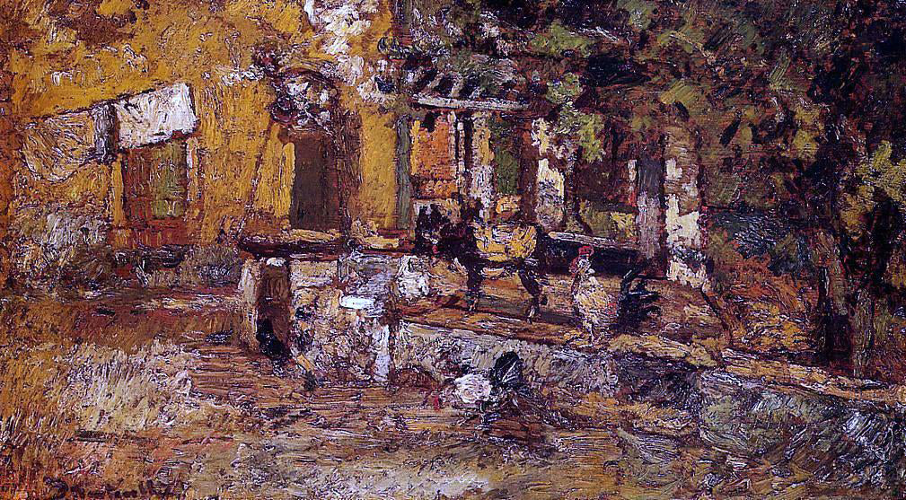 Adolphe-Joseph-Thomas Monticelli Farmyard with Donkeys and Roosters - Canvas Print