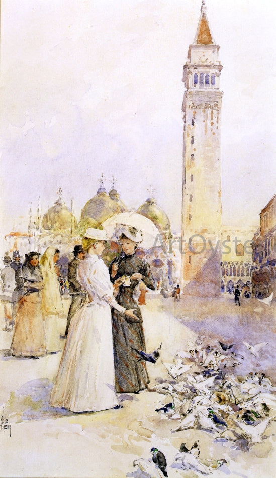 Frederick Childe Hassam Feeding Pigeons in the Piazza - Canvas Print