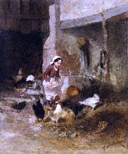 Alexandre Defaux Feeding the Chickens - Canvas Print