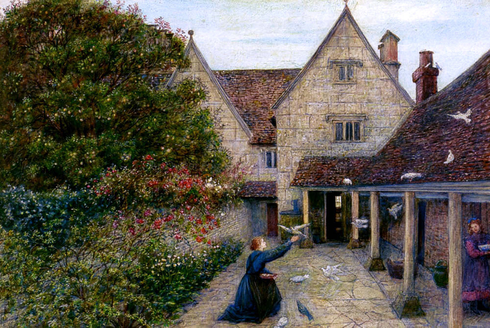 Maria Spartali Stillman Feeding The Doves At Kelmscott Manor, Oxfordshire - Canvas Print