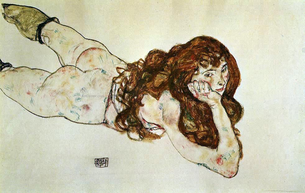 Egon Schiele Female Nude Lying on Her Stomach - Canvas Print