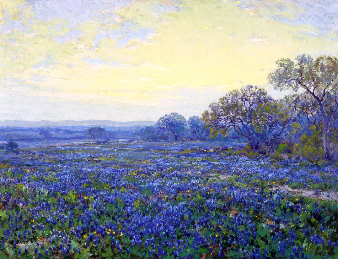 Julian Onderdonk Field of Bluebonnets under Cloudy Sky - Canvas Print