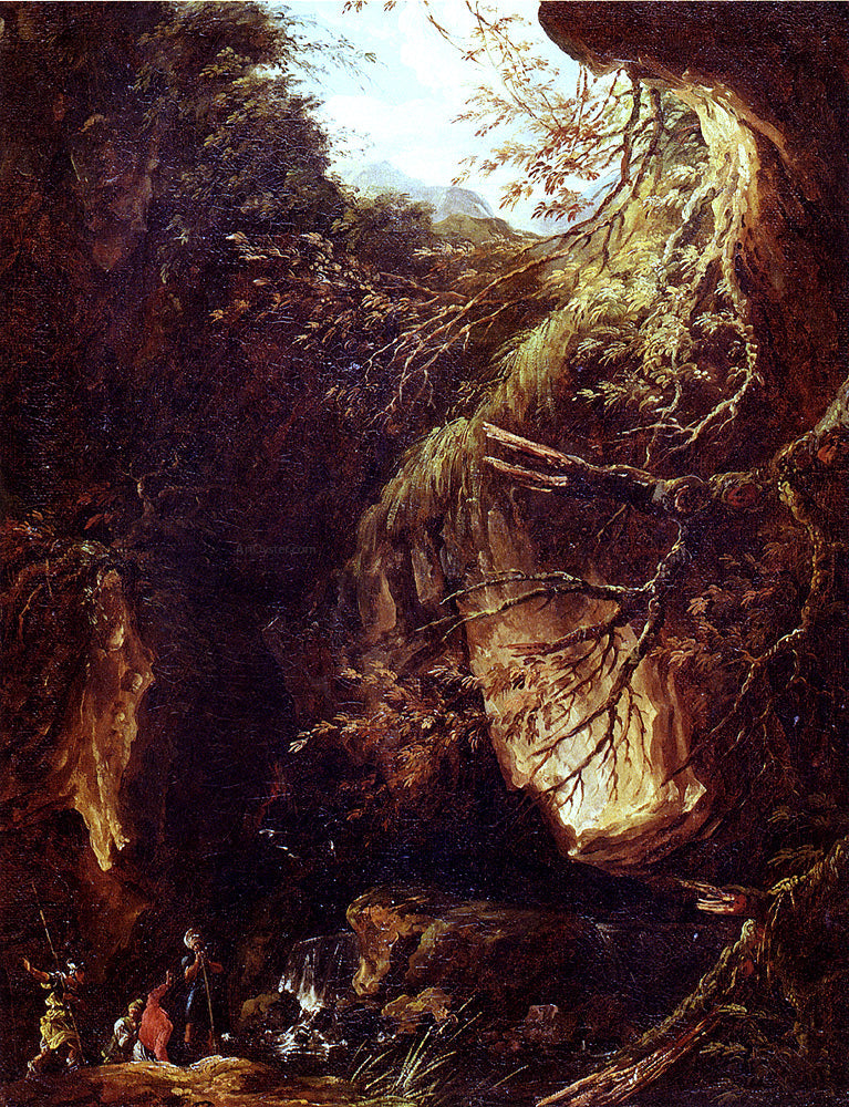 Hubert Robert Figures By A Waterfall In A Wooded Landscape - Canvas Print