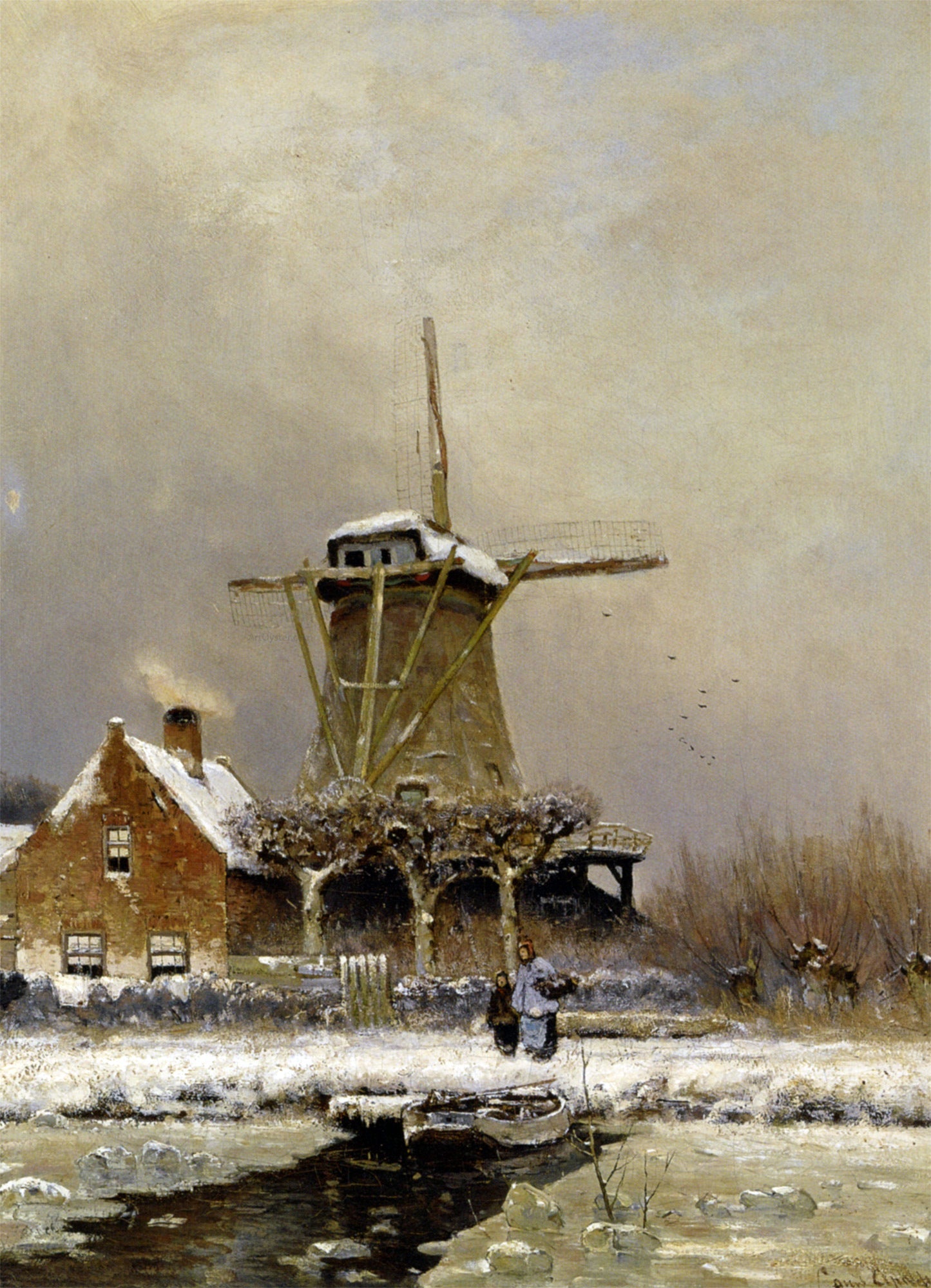 Louis Apol Figures by a Windmill in a Snow Covered Landscape - Canvas Print