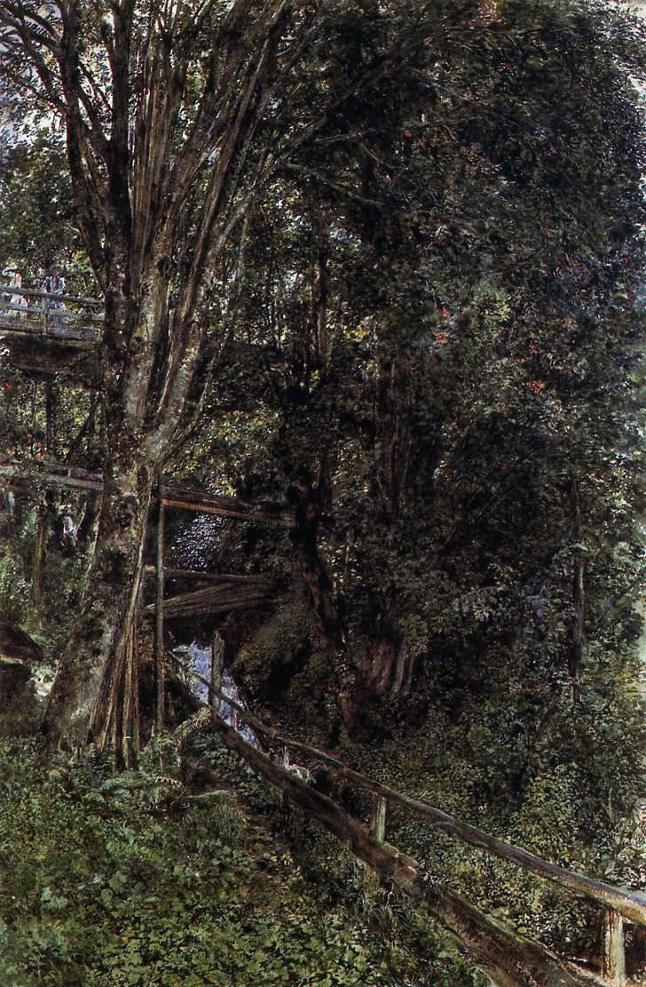 Rudolf Von Alt Figures on a Bridge over a Stream at Gastein - Canvas Print