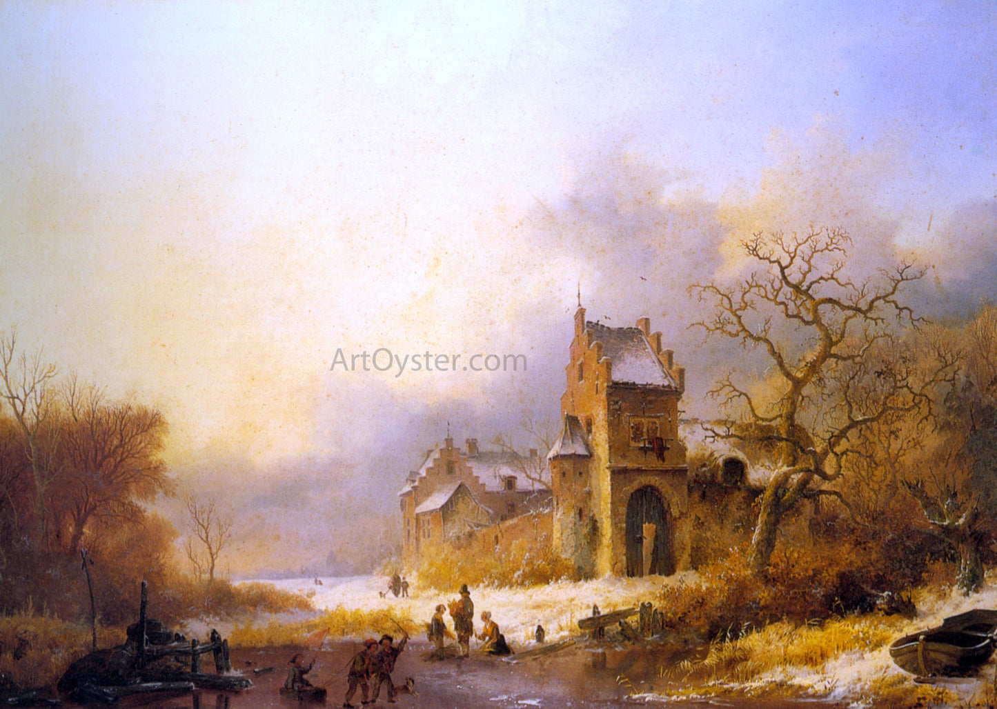 Frederk M Kruseman Figures on a Frozen River in a Winter Landscape - Canvas Print