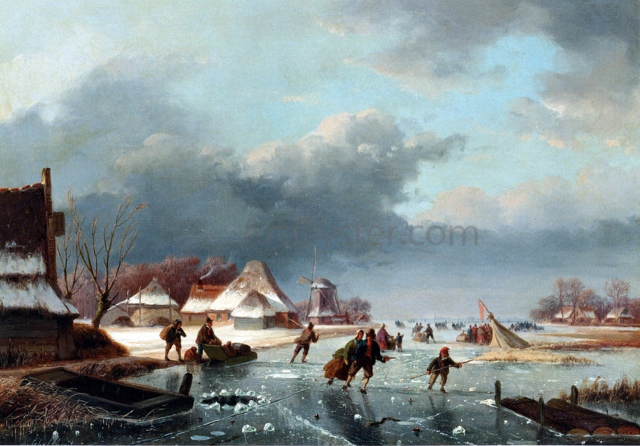 Andreas Schelfhout Figures Skating on a Frozen River - Canvas Print