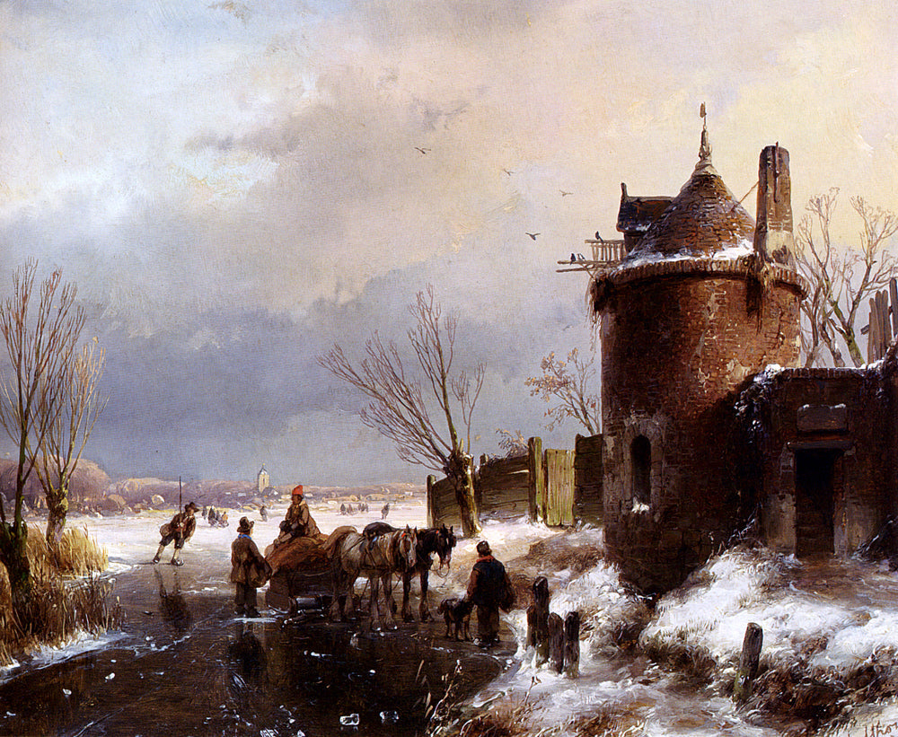 Andreas Schelfhout Figures With A Horse Sledge On The Ice, A Town In The Distance - Canvas Print