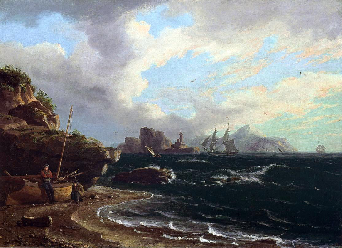 Thomas Birch Figures with Docked Boat at Shoreline - Canvas Print