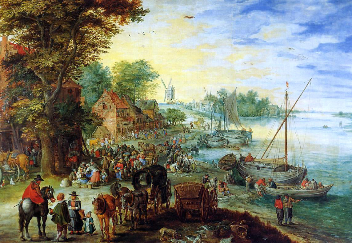 The Elder Jan Bruegel Fish Market on the Banks of the River - Canvas Print