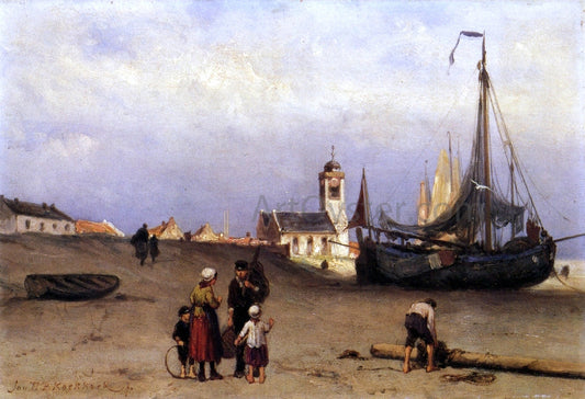 Johannes Barend Koekkoek Fisher Folk and Beach Bomschuiten, near Katwijk - Canvas Print