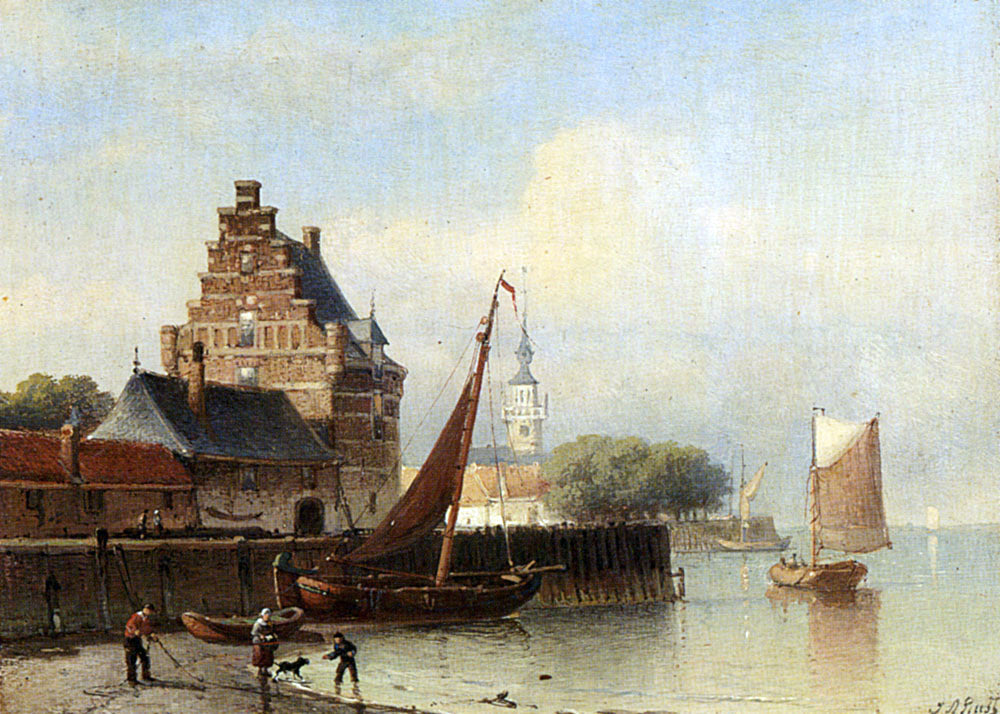 Johan Adolph Rust Fisherfolk On A Riverbank By A Town - Canvas Print