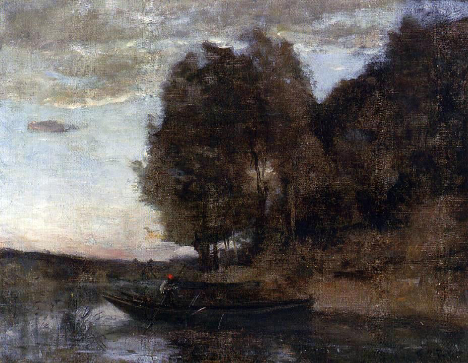 Jean-Baptiste-Camille Corot Fisherman Boating Along a Wooded Landscape - Canvas Print