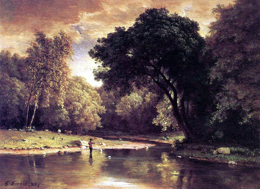 George Inness Fisherman in a Stream - Canvas Print