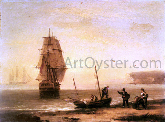Thomas Luny Fishermen unloading the catch with a merchant ship in calm water off Brymer Bay, Devon - Canvas Print