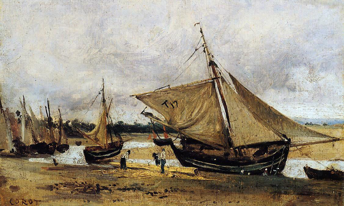 Jean-Baptiste-Camille Corot Fishing Boars Beached in the Chanel - Canvas Print