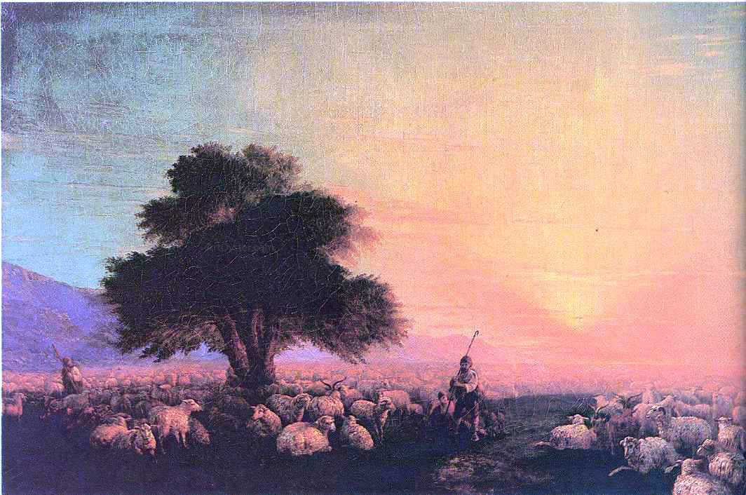 Ivan Constantinovich Aivazovsky Flock of sheep with herdsmen, sunset - Canvas Print