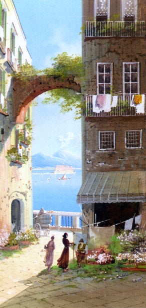 Girolamo Gianni A Flower Market with a View of Castel del'Ovo, Naples - Canvas Print