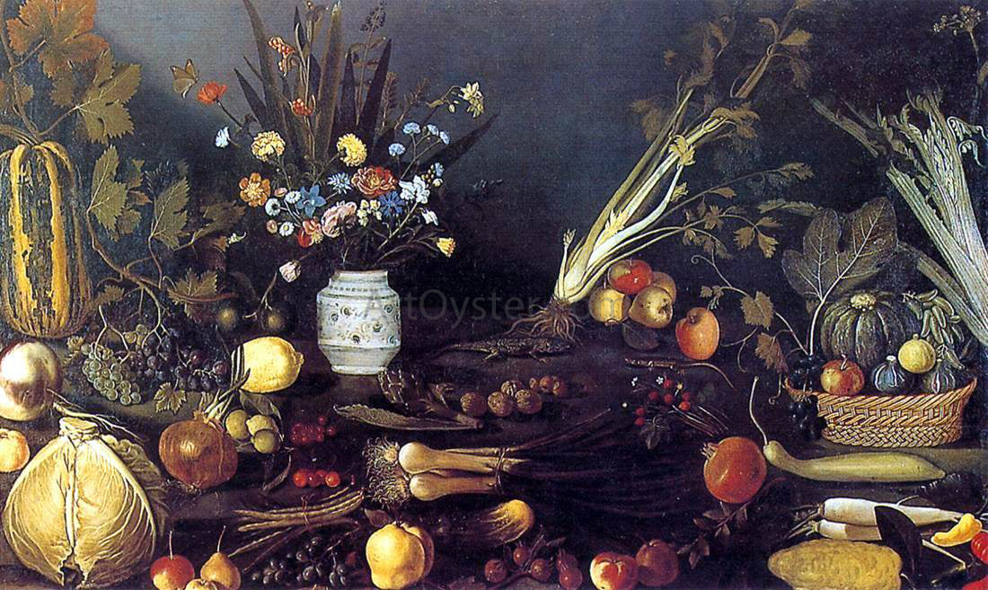 Master of Hartford Still-life Flowers, Fruit, Vegetables and Two Lizards - Canvas Print