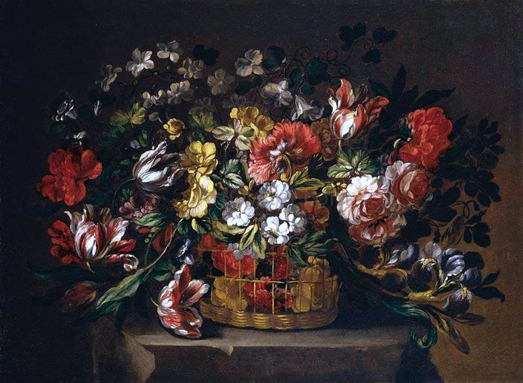 Gabriel De La Corte Flowers in a Basket - Canvas Print