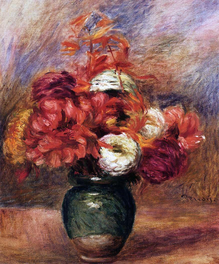 Pierre Auguste Renoir Flowers in a Green Vase - Dahlilas and Asters - Canvas Print