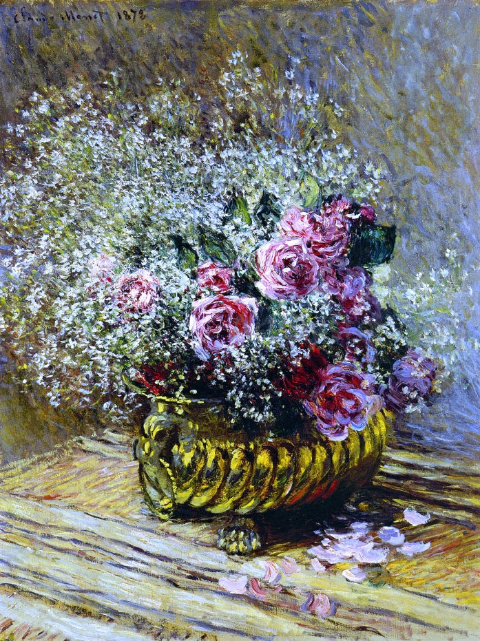 Claude Oscar Monet Flowers in a Pot (also known as Roses and Baby's Breath) - Canvas Print