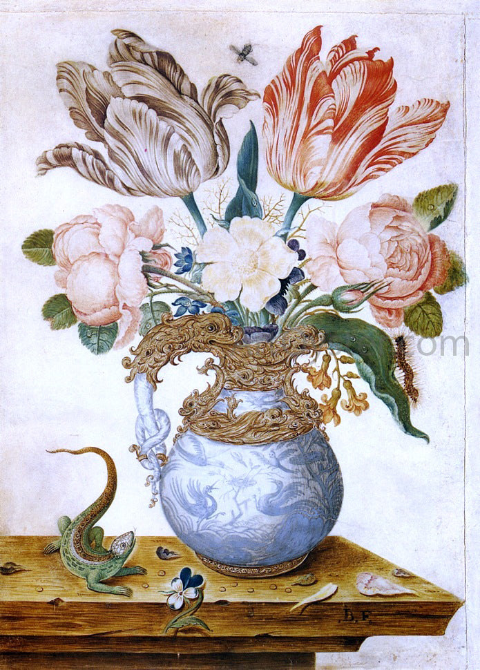 Jean-Baptiste Fornenburgh Flowers in an Ornamental Vase, A Lizard Beside It - Canvas Print