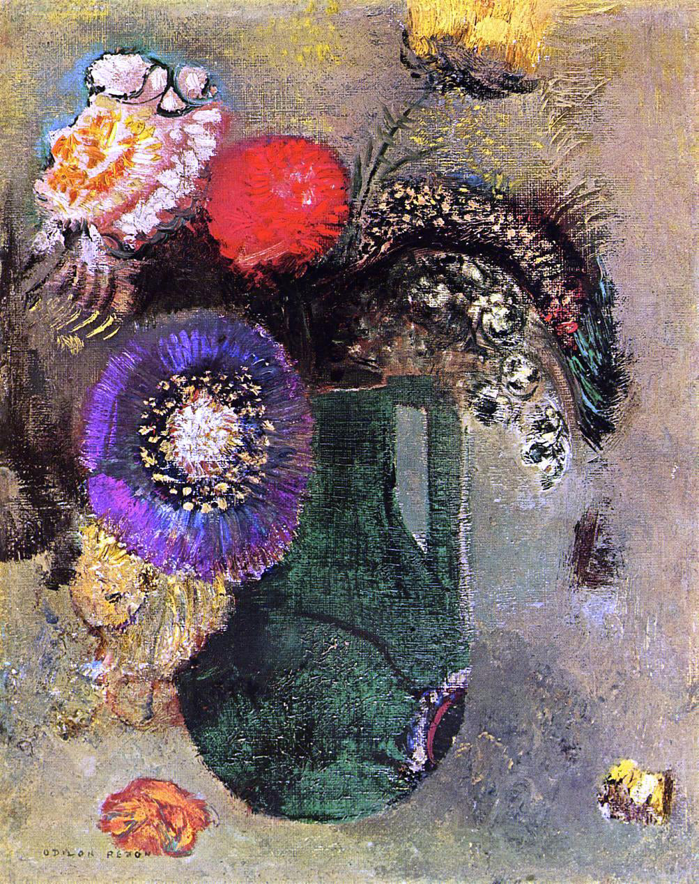 Odilon Redon Flowers in Green Vase with Handles - Canvas Print