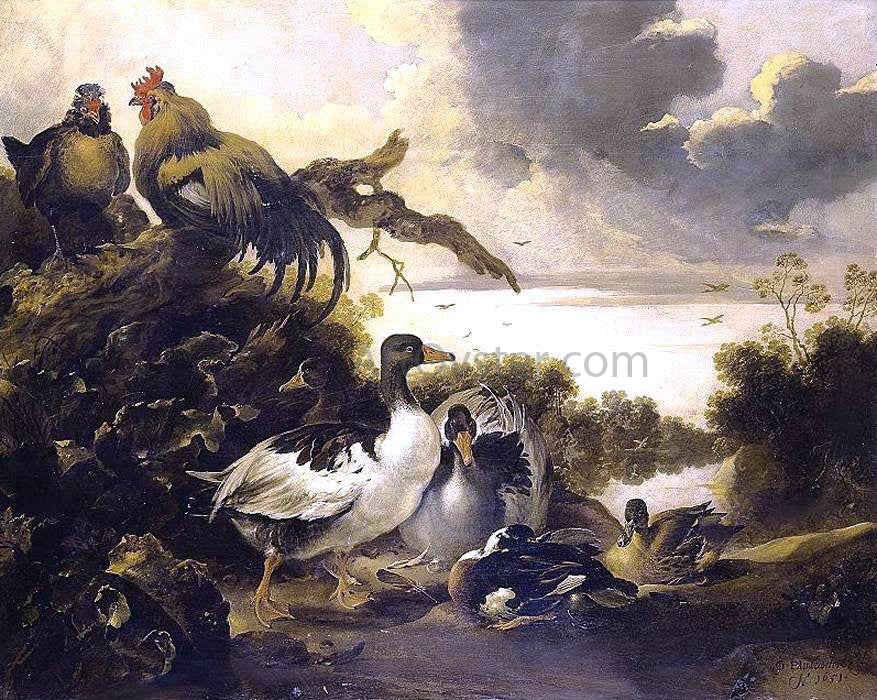 Gijsbert Gillisz De Hondecoeter Fowl on a Riverbank - Canvas Print