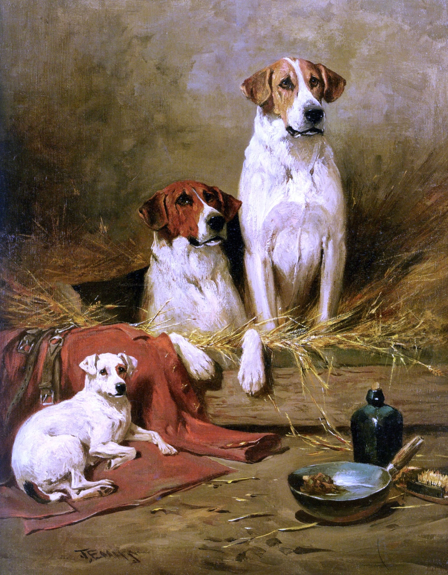 John Emms Foxhounds and a Terrier - Canvas Print